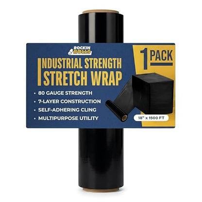 Rockin Rolls Stretch Film Pallet Wrap, Black, 18"x1500ft, 80 Gauge, 1 Roll - color: Black, size: 1 Roll