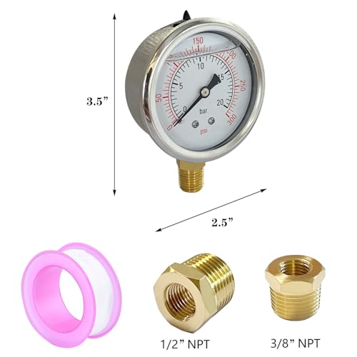 YSIL 1/4 NPT Liquid Filled Pressure Gauge w/ 3/8 NPT 1/2 NPT Adapter 300Psi - size: 0-300 psi