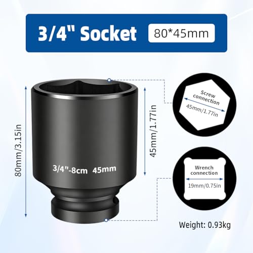 BORDSTRACT 3/4in Drive Impact Socket 45×80mm - size: 45mm - Deep (80mm Length)