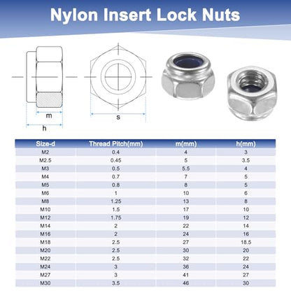 M METERXITY 100-Pack Nylon Insert Hex Lock Nuts, M4 x 0.7mm Thread 304 Stainless Steel Self-Locking Locknuts Hexagon Nut Metric Nuts for Machinery/Home Repair/Industrial Fasteners - size: M4 x 0.7mm