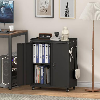 Garage Storage Cabinet with Wheels, Black Storage Cabinet with Adjustable Shelves, Rolling Cabinet with Dual-Side Pegboard, Tool Cabinets for Garage, Basement, Home Office - color: 32"h - Black
