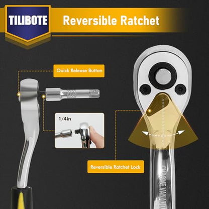 TILIBOTE Socket Wrench Set, 62PCS 1/4" Ratcheting Wrench Set With 72 Tooth count Ratchet, SAE & Metric From 5/32" - 9/16 ", 4mm - 14mm,tool Set For home And car,motorcycle,bike Repair - size: 1/4