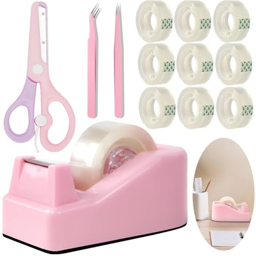 XEUZK Desktop Tape Dispenser Kits with Weighted Nonskid Base Tape Dispenser- Includes 9 Rolls of Transparent Tape(0.71 Inch x 500 inches Each) & Pink Scissors, 2 Pcs Tweezers (Pink) - color: Pink