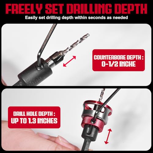 9Pcs Countersink Drill Bit Set,5PCS Two-Flute TCT Alloy Tapered Drill Bits,Adjustable Depth Stop Collar,1/8 9/64" 5/32" Drill+3/8”82°Counter-Bore,11/64"3/16" Drill+1/2" 82°Counter Bore,1/4” Hex Shank - size: 9pcs