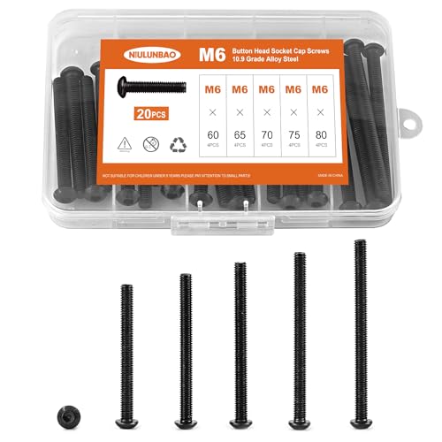M6 x 60mm 65mm 70mm 75mm 80mm Button Head Socket Cap Screws Bolts 10.9 Grade Alloy Steel Metric Machine, Black Oxide Finish, Allen Hex Drive, Fully Threaded, Assortment Kit 20PCS - size: M6 x 60/65/70/75/80mm (20PCS)