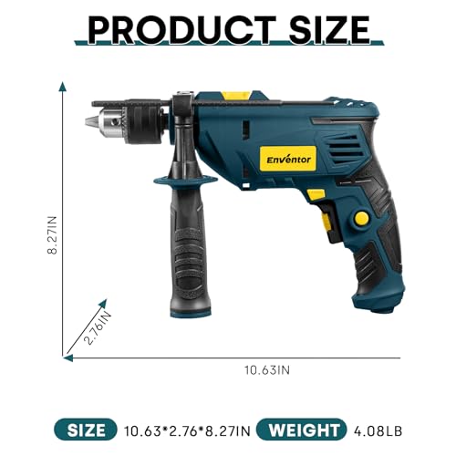 Enventor Hammer Drill with 9 Bits, Variable Speed, 900W, 1/2 in Chuck, Blue