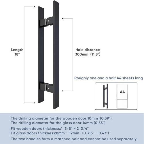 BARNSMITH 18" Barn Door Push Pull Handle,Heavy Duty Grade-304 Stainless Steel Square Commercial Door Handle,Entrance Entry Front, Office Handle Pull Set for Wood Glass Panel,Black - color: Black, size: 18 Inch