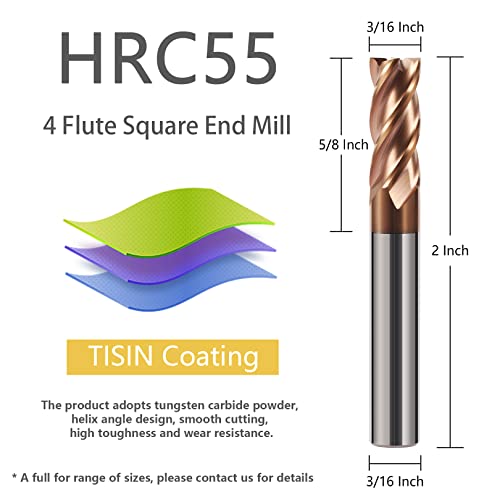 5PCS Micrograin Carbide Square End Mill Set with TISIN Coated - 3/16" 4 Flute CNC Milling Bits for Hardened Steel/Cast Iron/Alloy Steel - HRC55 - size: 3/16 in