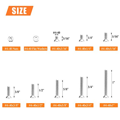 HELIFOUNER 250 Pieces #4-40 x 3/16" 1/4" 5/16" 3/8" 1/2" 5/8" 3/4" 1", Countersunk Head Socket Cap Screws Bolts Washers Nuts Kit, Coarse Thread, Fully Machine Threaded, 304 Stainless Steel - size: #4-40, style: Countersunk Head