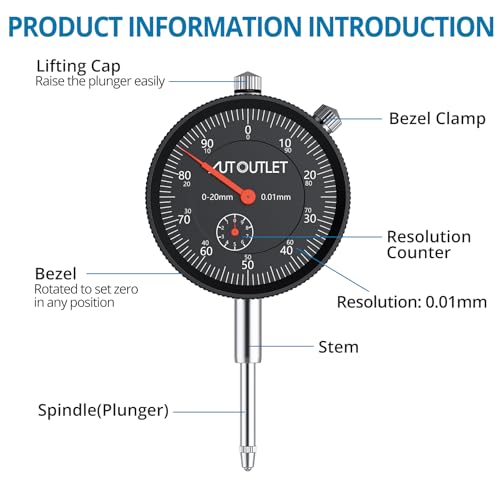 AUTOUTLET Dial Indicator with Magnetic Base, 0-1"/0.001" Magnetic Dial Indicator, 132lbs/60KG Max Pull Dial Gauge with Fine Adjustment Knob for 3D Printer, Lathe, CNC Machine, Workshop Use - size: 60