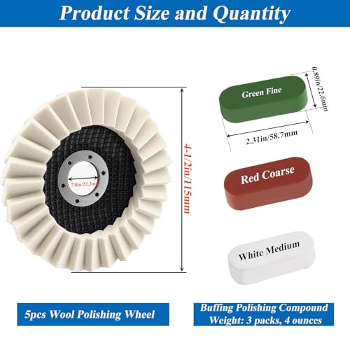 8 Pcs Wool Polishing Wheel Kit with Compound for Angle Grinder,Includes 5Pcs Buffing Wheels (4-1/2" x 7/8") & 3Pcs Polishing Compound,Buffing Wheel for Wood, Metal & Automotive - size: 4.5inch -8 Pcs