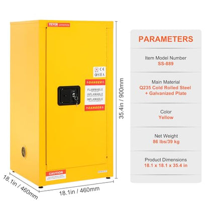 VEVOR Flammable Cabinet, 18" x 18" x 35", Yellow - size: 18" x 18" x 35"