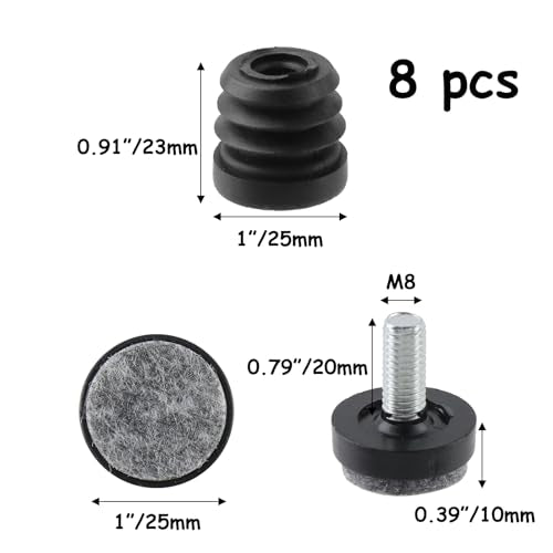 Antrader 8Pcs Inserts for Round Tubes with Felt Leveling Feet - size: 1"(25mm)x M8