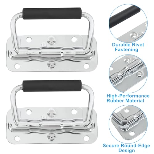 Spring Loaded Handle, 100mm / 4 Inch Heavy Duty Folding Handle with Durable Rubber Grip for Toolboxes, Cabinets, Easy to Install, 2Pcs - size: 100mm
