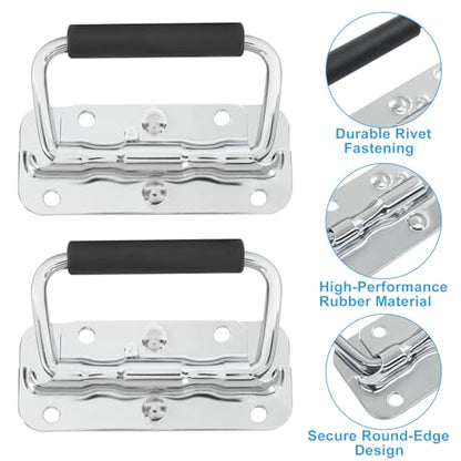 Spring Loaded Handle, 100mm / 4 Inch Heavy Duty Folding Handle with Durable Rubber Grip for Toolboxes, Cabinets, Easy to Install, 2Pcs - size: 100mm