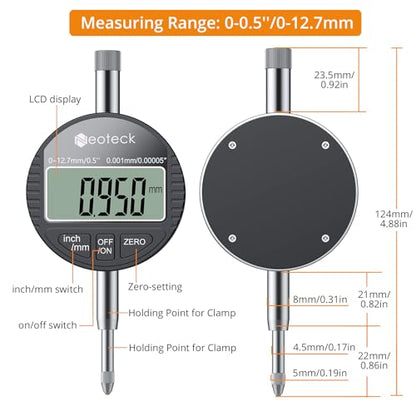 Neoteck 12.7mm/0.5" Digital Dial Indicator with 0.001mm/0.00005" Resolution - color: Black, size: 0-0.5''/0.00005''