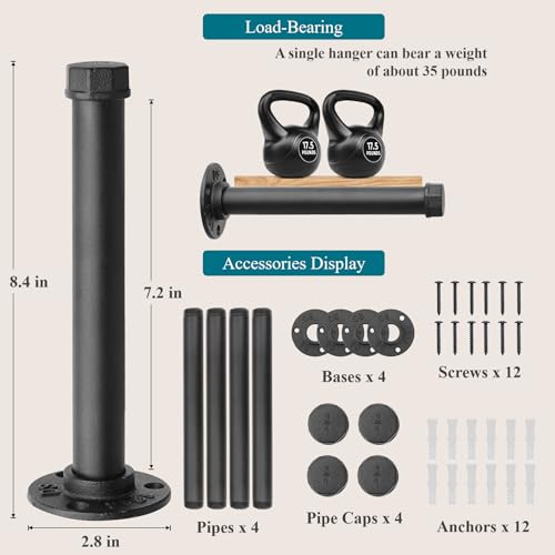Cast Iron Wall Mounted Clothes Rack, Heavy Duty Industrial Pipe Clothing Rack for Hanging Clothes, Garment Racks for Wardrobe Organizers and Storage, DIY Closet Rods Closet Bar (Black 4 Pack, 8 in) - color: Black 4 Pack, size: 8 in