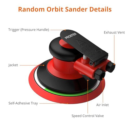 Proster 6" Air Orbital Sander Lightweight 12000 RPM Variable Speed 20pc Kit - size: 6 inch