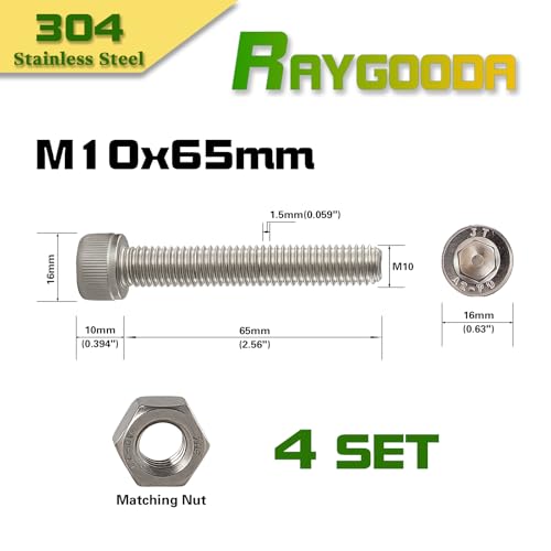 M10-1.5x65mm Socket Head Cap Screw and Nut Kit 4set, 304 Stainless Steel A2-70, Full Thread, Bright Finish - High Strength, Corrosion Resistant for Automotive, Machinery, DIY - size: M10x65mm(4 Sets）