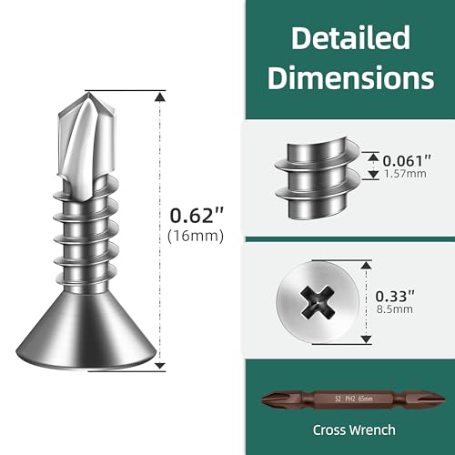 400pcs #10 x 5/8 Sheet Metal Self Tapping Screws Assortment Kit, 410 Stainless Steel Flat Head High-Strength Fast Self-Drilling Screws, Bright Finish - size: #10x5/8"
