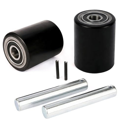 Two Packs of Pallet Jack/Truck Wheels 3” x 3.75” PU Poly Tread, 20mm ID Bearings, Full Set with Axles, Pins and Entry Exit Roller - color: Black