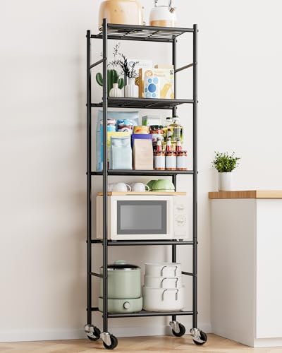 Sakugi 5-Tier Storage Shelves 18.1x12.6x58.7 Black with Wheels - color: Black, size: 18.1W x 12.6D x 58.7H(5T)