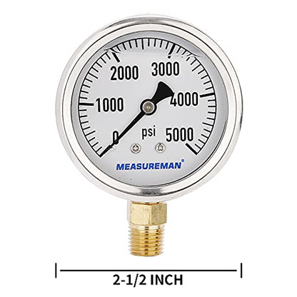 MEASUREMAN 2-1/2inch Dial Size, Glycerin Filled Plumbing Pressure Gauge, 0-5000psi, Stainless Steel Case, 1/4inchNPT Lower Mount - size: 0-5000 psi, style: Lower Mount