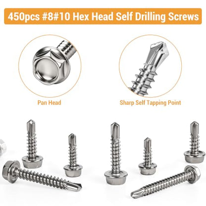 Stainless Steel Wood & Sheet Metal Screw Assortment Self-Tapping Screws (450PCS HEX) - size: 450PCS HEX