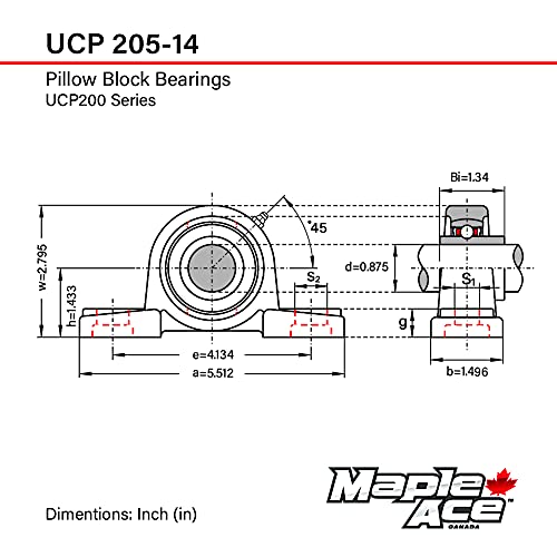 MAPLE ACE UCP205-14 Pillow Block Bearing 7/8" Bore, 2-Bolt, Self-Aligning, R3 Triple Lip Seal, Solid Base, Heavy Duty