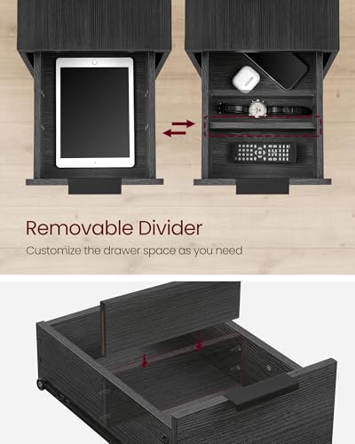 VASAGLE Side End Table with Charging Station, Slim Nightstand with Storage - color: Charcoal Gray + Ink Black, size: 23.6"D x 11.8"W