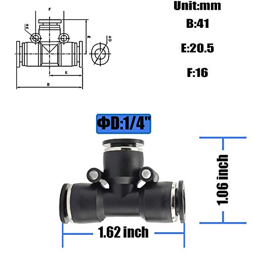 10PCS Pneumatic Union Tee Push to Connect Fittings, PBT Plastic T Shape 1/4" x 1/4" Tube OD Quick Connector for Home Garage Air Brake Air Bag - size: 1/4" x 1/4"