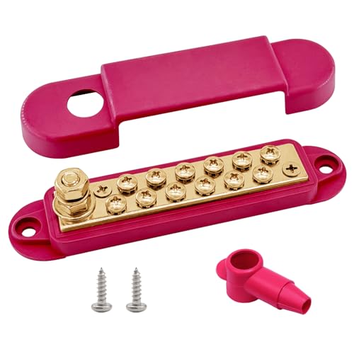 Ampper 1/4" Stud Brass Power Distribution Block BusBar 12 x #8 Screw, Red - color: Red, size: Brass