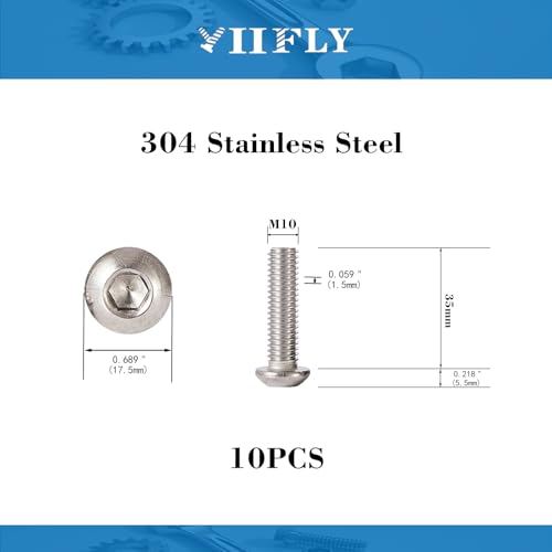 M10x1.5 Bolt, M10 x 35mm Button Head Socket Cap Bolts Screws,304 Stainless Steel(A2-70), Allen Hex Drive, Bright Finish, Fully Threaded, Quantity 10 - size: M10 x 35mm(10PCS)
