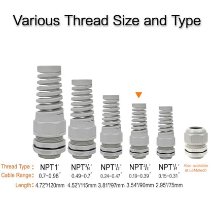 LeMotech 10Pcs NPT 3/8" IP68 Waterproof Cable Gland Flex Spiral Strain Relief Grey Nylon Joint with Gaskets for 5-10mm Wire Thread - color: Grey, size: NPT 3/8" (10-Pack)