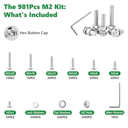 981 Pcs M2 Hex Button Cap Screws Nuts Washers Wrench Kit, 304 SS - size: SS M2 981pcs 2