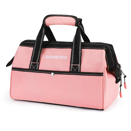 WORKPRO 13-Inch Tool Bag, Pink Soft Cloth Tool Storage Bags, Wide Mouth Tool Tote Bag with Inside Pockets - Pink Ribbon - color: Pink