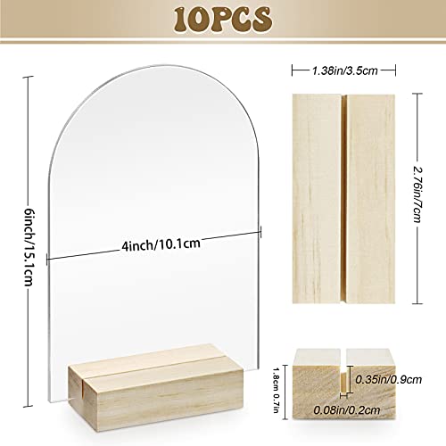 Bercoor 10 Pack 4x6 Inch Blank Clear Arch Acrylic Sign with Wooden Stands, Arched Round Top Acrylic Sheet, DIY Acrylic Arch Table Numbers for DIY Name Card Gifts Event Party Sign Decoration - size: 4x6 arched