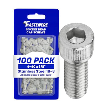4-40 x 3/8 Socket Head Cap Screws, Full Thread, Allen Socket Drive, Stainless Steel 18-8, Bright Finish, Quantity 100 Pieces By Fastenere - size: 4-40 x 3/8" (100 Pack)