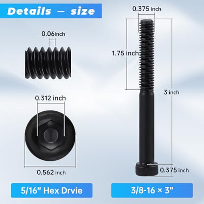 Glvaner 3/8"-16 x 3 (8 pcs) Socket Head Cap Screws, 12.9 Grade Alloy Steel, Black Oxide Finish, Partial Thread UNC, Allen Hex Drive - size: 3/8-16 x 3"