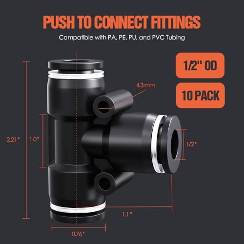 TRILINK 1/2" OD Push to Connect Fittings – Air Line Tee Connectors, Quick Connect Pneumatic Fittings, Push Lock Air Hose Fittings for Compressor, Air Tools & Tubing (10 PCS) - color: 1/2" OD, size: Tee(10pcs)
