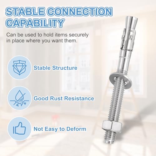 MECCANIXITY 5 Pcs Wedge Anchors, 5/8" x 5" Stainless Steel Concrete Anchors Bolts, Heavy Duty Standard Fastener for Cement Wall Base Bracket (Include Washers Nuts, Silver Tone) - size: 5/8" x 5"