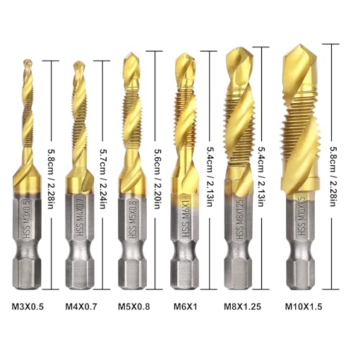 Drill Tap Set 6Pcs, Titanium Plated Combination Taps Drill Bit Set - size: 6 Pcs Metric Tap Set