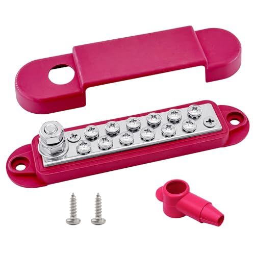 Ampper 1/4" Stud Power Distribution Block Bus Bar with 12 x #8 Screw, Red - color: Red, size: Plated Brass