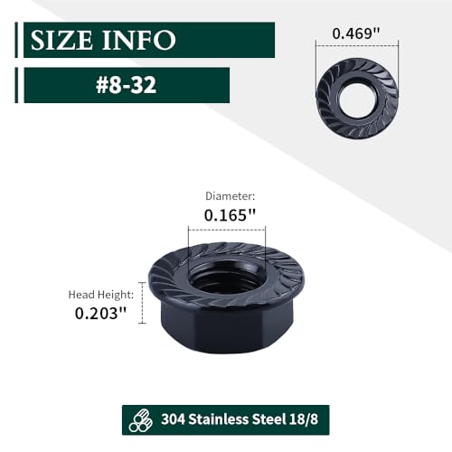 #8-32 Hex Head Serrated Flange Nuts, 304 Stainless Steel 18-8 Hexagon Head Flange Nuts for Home Automotive DIYer, Black Oxide Finish, Hex Drive, 50 PCS - size: #8-32