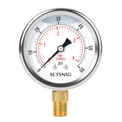 0-60 Psi Low Pressure Gauge, Liquid Filled, 1/4" NPT Lower Mount - size: 0-60 Psi, style: Lower Mount