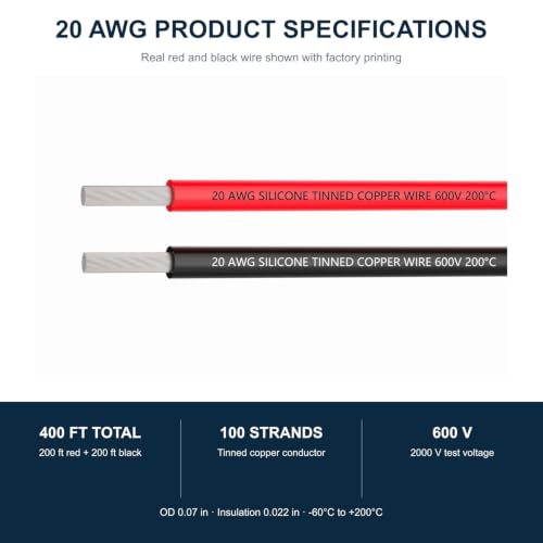 TUOFENG 20 AWG Silicone Wire, 400 ft Red Black Tinned Copper Hookup Wire - size: 20 awg 2 colors each 200ft