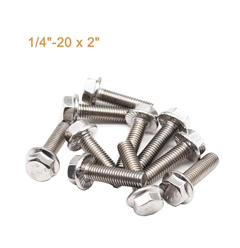 10pcs 1/4"-20 x 2 Serrated Flanged Hex Bolts Flange Hexagon Screws, Stainless Steel 18-8 (304), Plain Finish - size: 1/4"-20 x 2" 10pcs