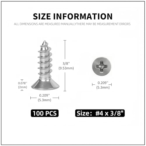 #4 x 3/8 [100 Pack] Flat Head Phillips Drive Self Tapping Screws, Sheet Metal Screws, 304 Stainless Steel (18-8), Corrosion Resistant Screws for Wood, Sheet Metal and More - size: #4 x 3/8