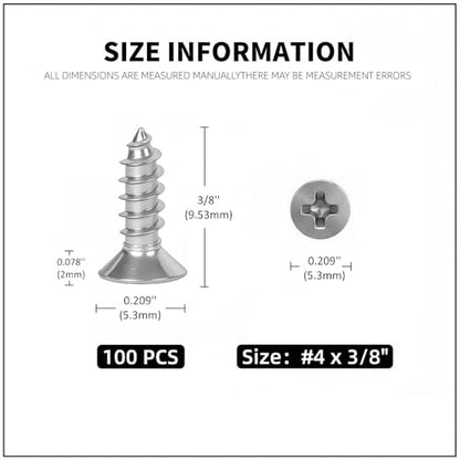 #4 x 3/8 [100 Pack] Flat Head Phillips Drive Self Tapping Screws, Sheet Metal Screws, 304 Stainless Steel (18-8), Corrosion Resistant Screws for Wood, Sheet Metal and More - size: #4 x 3/8