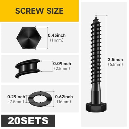 MYWISH (20Sets) 1/4" x 2-1/2" Hex Head Lag Bolts, Heavy Duty Lag Screws with Washers, 304 Stainless Steel Bolts 18-8, Lag Screws Wood Screws, Partial Thread Black Oxide, 1/4 Bolt - size: 1/4 x 2-1/2" (20 set)
